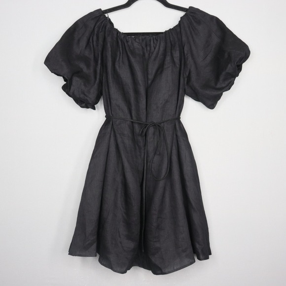 Dissh Penelope Linen Mini Dress Size 10 Black Mini Off-Shoulder Puff Sleeve NWT - Picture 1 of 9
